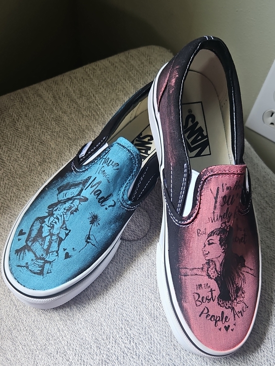 Vans Shoes - NWOT Vans Alice In Wonderland Slip-On Pair Blue & Red Canvas Sneakers 7W/5.5M